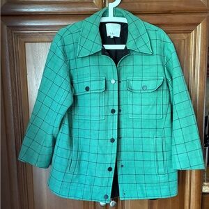 Tibi Shacket Green Plaid Wool Blend Snap Front Jacket